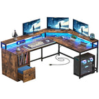 L-Shaped Desk with Monitor Stand, Charging Station and LED Light Strip
