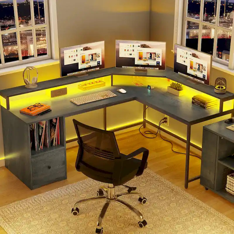 L-Shaped Desk with Monitor Stand, Charging Station and LED Light Strip