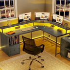 L-Shaped Desk with Monitor Stand, Charging Station and LED Light Strip
