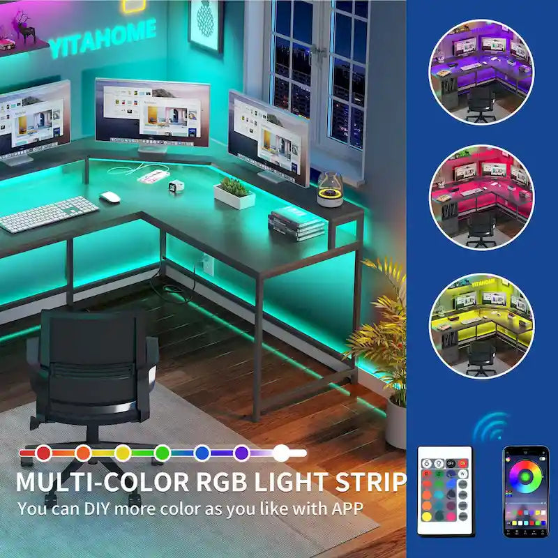L-Shaped Desk with Monitor Stand, Charging Station and LED Light Strip