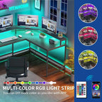 L-Shaped Desk with Monitor Stand, Charging Station and LED Light Strip