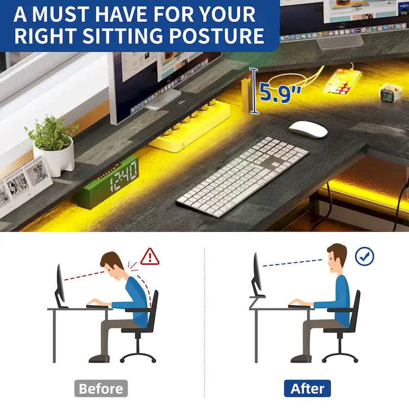 L-Shaped Desk with Monitor Stand, Charging Station and LED Light Strip