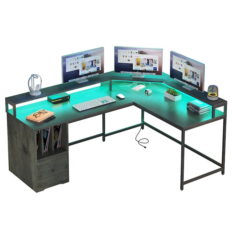 L-Shaped Desk with Monitor Stand, Charging Station and LED Light Strip