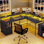 L-Shaped Desk with Monitor Stand, Charging Station and LED Light Strip