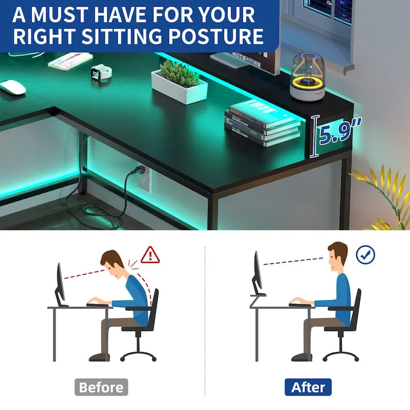 L-Shaped Desk with Monitor Stand, Charging Station and LED Light Strip