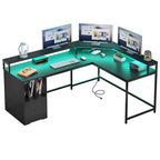 L-Shaped Desk with Monitor Stand, Charging Station and LED Light Strip
