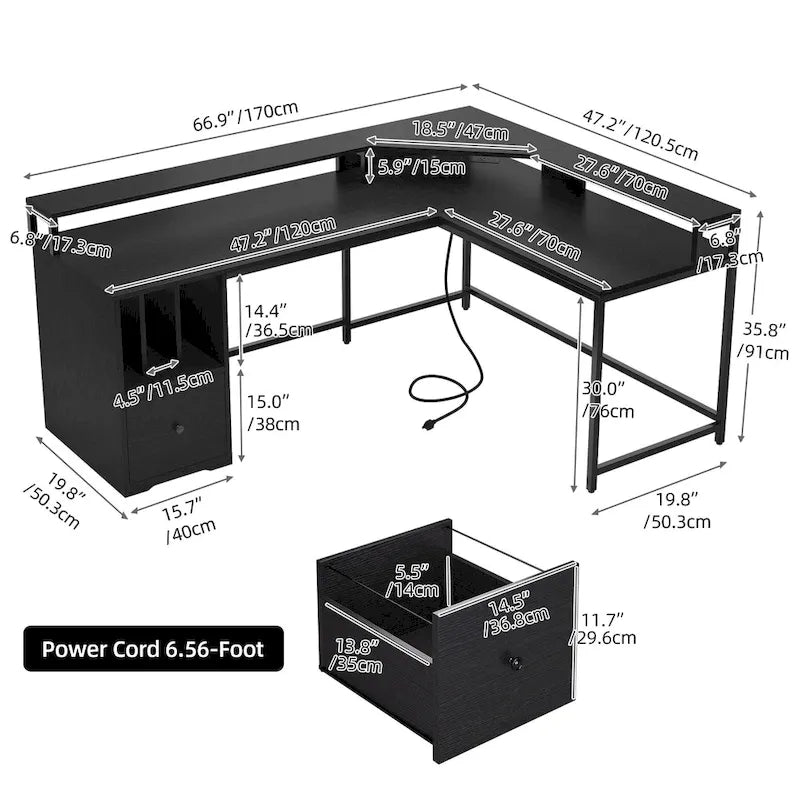 L-Shaped Desk with Monitor Stand, Charging Station and LED Light Strip