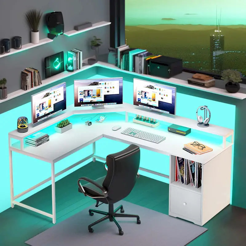 L-Shaped Desk with Monitor Stand, Charging Station and LED Light Strip