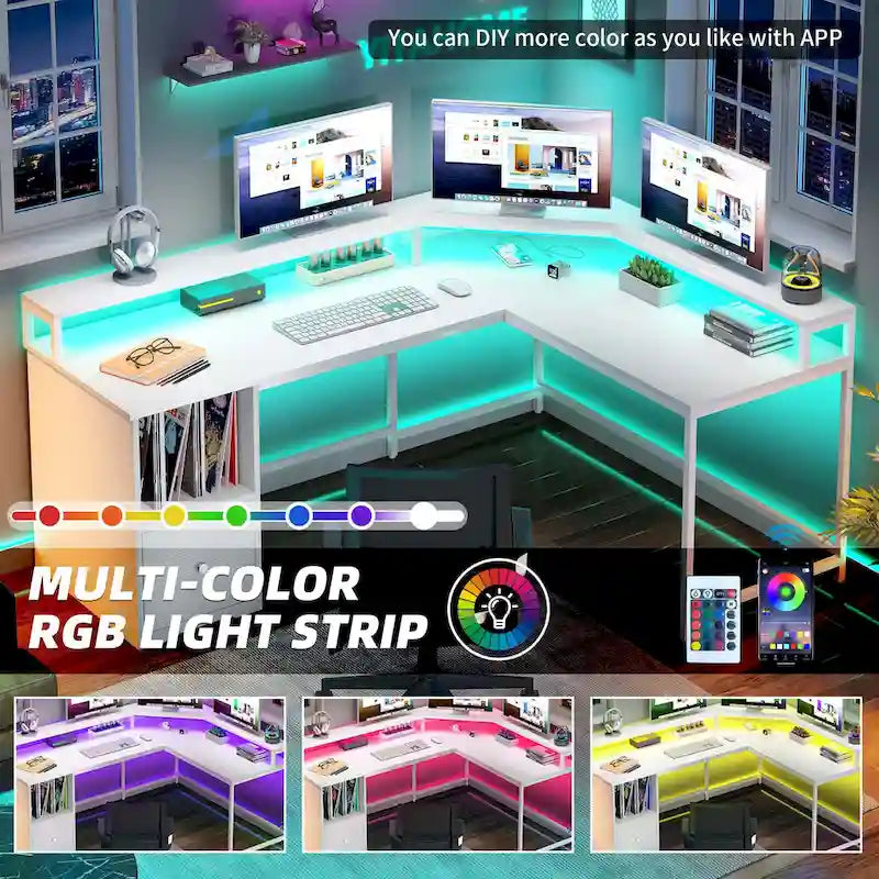 L-Shaped Desk with Monitor Stand, Charging Station and LED Light Strip