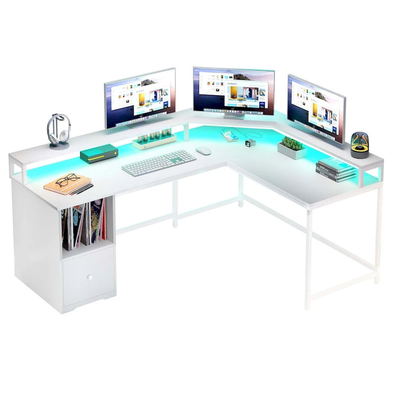 L-Shaped Desk with Monitor Stand, Charging Station and LED Light Strip