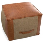 Boho Round Leather and Jute Pouf in Tan