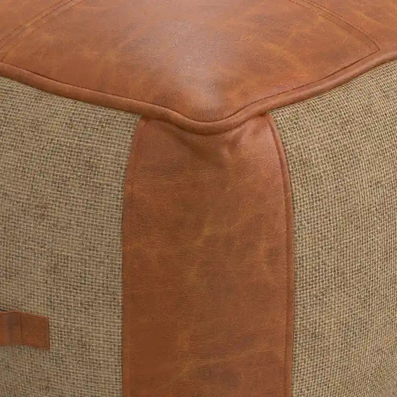 Boho Round Leather and Jute Pouf in Tan