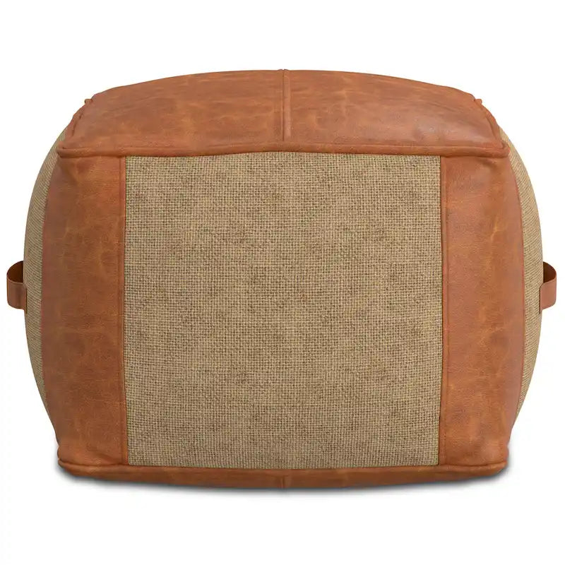 Boho Round Leather and Jute Pouf in Tan