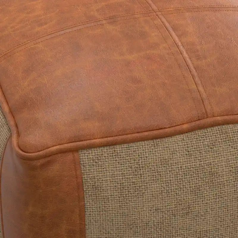 Boho Round Leather and Jute Pouf in Tan