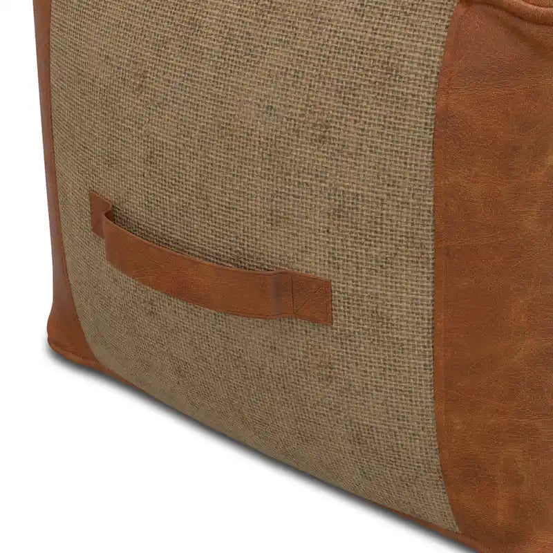 Boho Round Leather and Jute Pouf in Tan