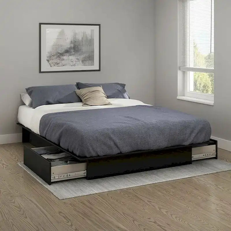 Queen Platform Bed Frame with 2 Storage Drawers – Black