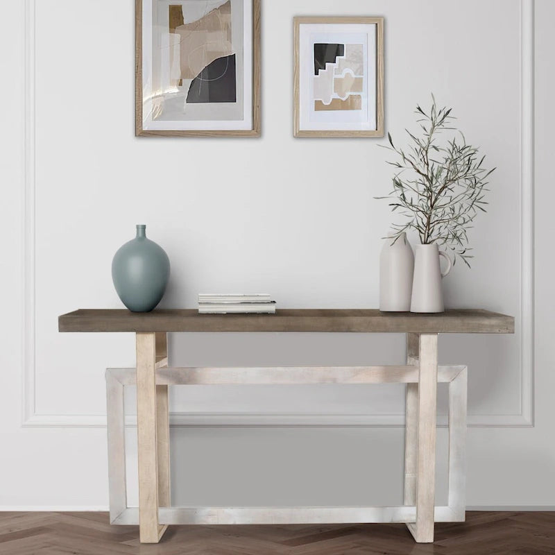 59 Inch Farmhouse Console Table with Geometric Base, Brown