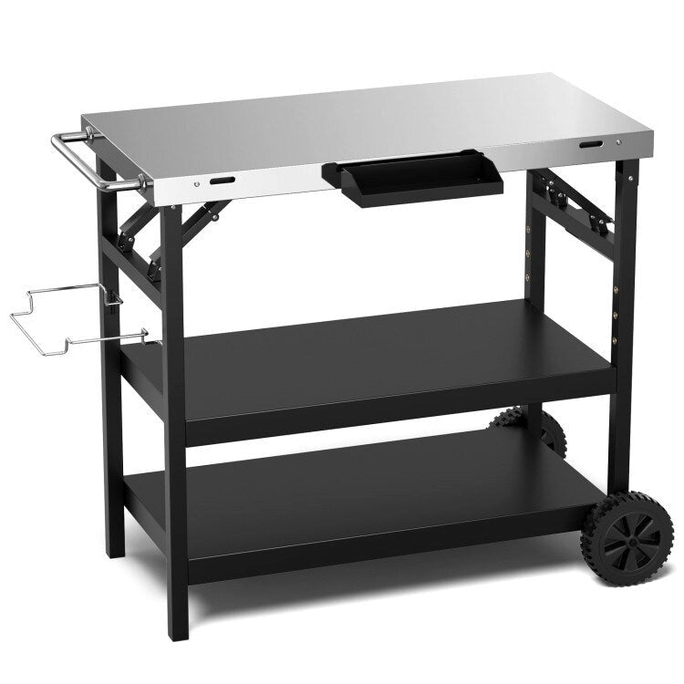 3 Tiers Foldable Outdoor Cart on 2 Wheels with Phone Holder-Black - 42 x 20.5 x 33 (L x W x H)