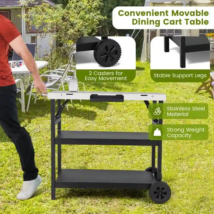 3-Tier Foldable Outdoor Cart with Wheels and Phone Holder, 42 x 20.5 x 33 in