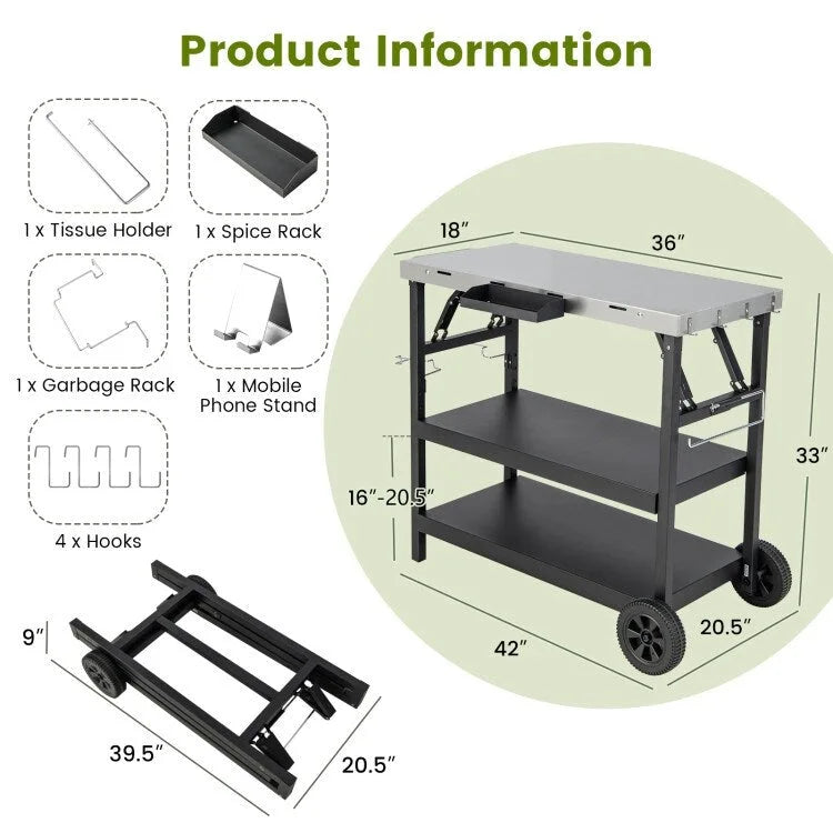 3-Tier Foldable Outdoor Cart with Wheels and Phone Holder, 42 x 20.5 x 33 in