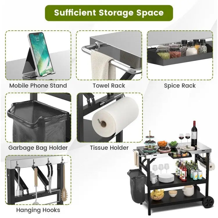 3-Tier Foldable Outdoor Cart with Wheels and Phone Holder, 42 x 20.5 x 33 in