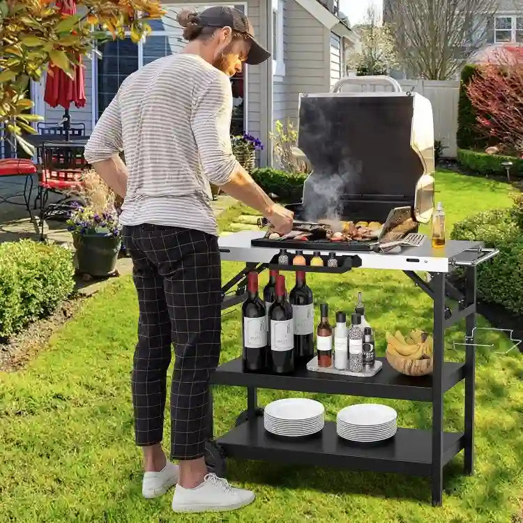 3-Tier Foldable Outdoor Cart with Wheels and Phone Holder, 42 x 20.5 x 33 in