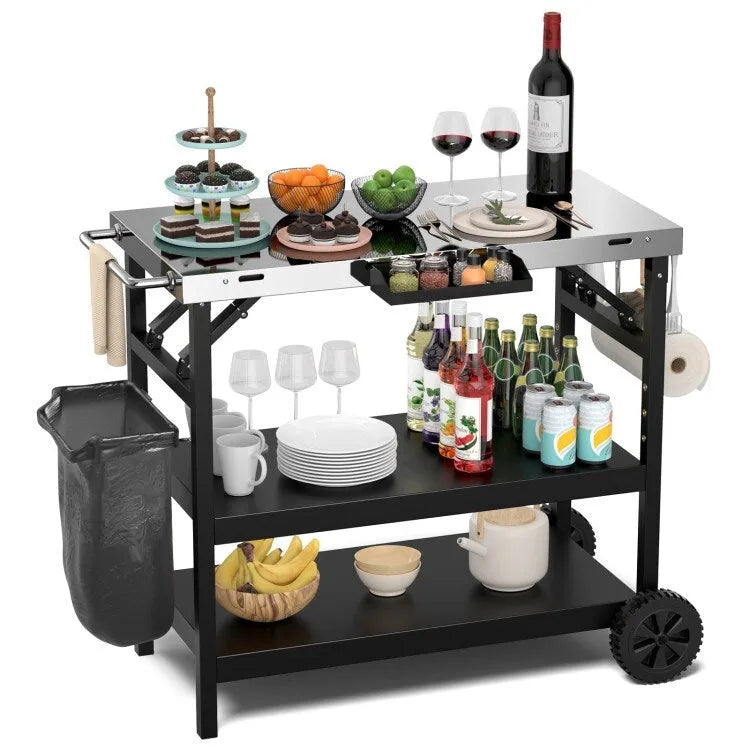3-Tier Foldable Outdoor Cart with Wheels and Phone Holder, 42 x 20.5 x 33 in