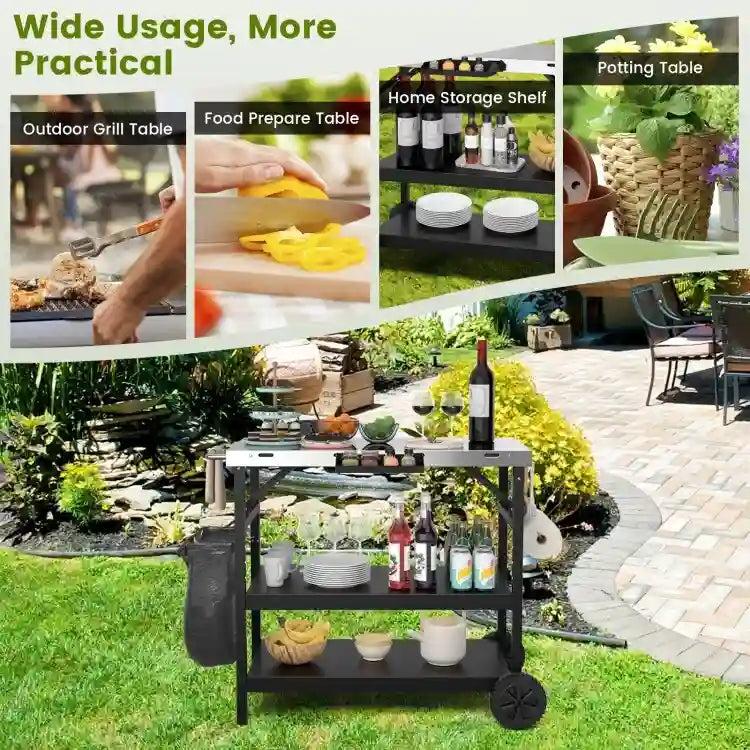3-Tier Foldable Outdoor Cart with Wheels and Phone Holder, 42 x 20.5 x 33 in