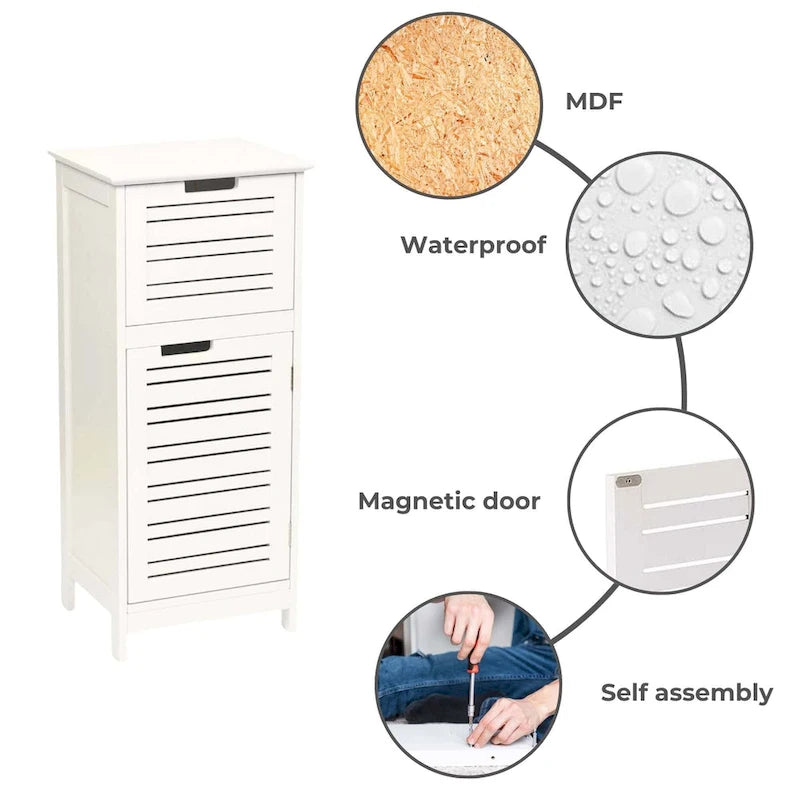 Miami White Bathroom Linen Storage Cabinet Vented Door and Drawer - 14.7L x 11.13W x 32.12H
