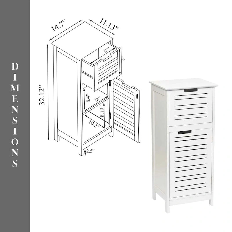 Miami White Bathroom Linen Storage Cabinet Vented Door and Drawer - 14.7L x 11.13W x 32.12H