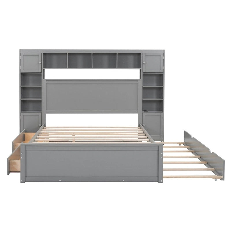 Queen Size Platform Bed with Storage Drawers, Headboard Shelves, and Built-In Outlets