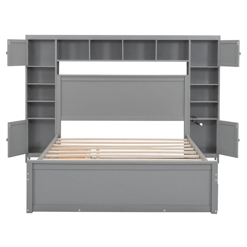 Queen Size Platform Bed with Storage Drawers, Headboard Shelves, and Built-In Outlets