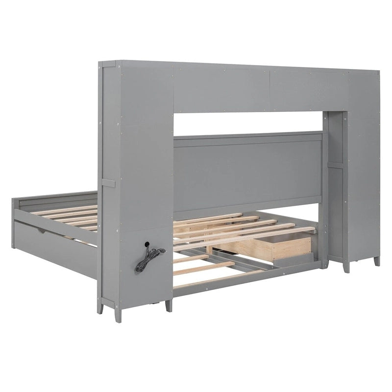 Queen Size Platform Bed with Storage Drawers, Headboard Shelves, and Built-In Outlets