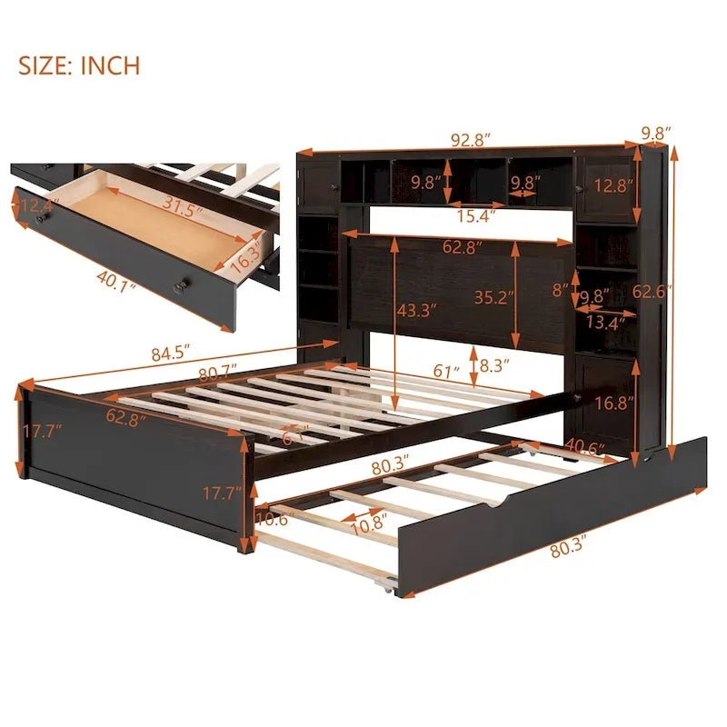 Queen Size Platform Bed with Storage Drawers, Headboard Shelves, and Built-In Outlets