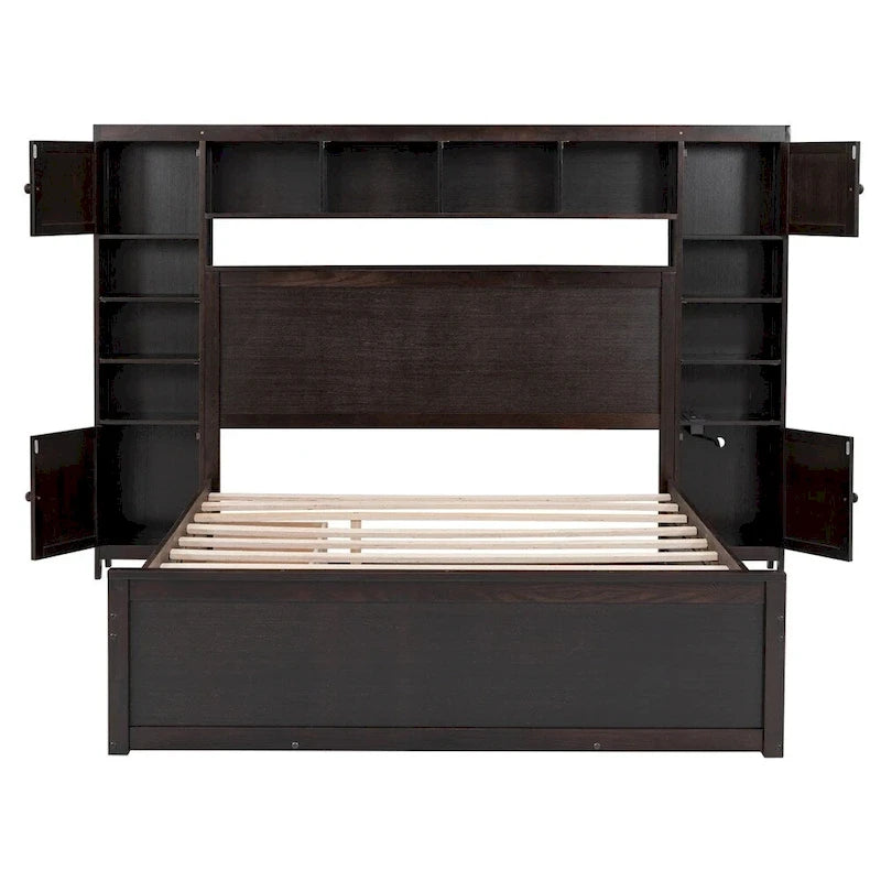 Queen Size Platform Bed with Storage Drawers, Headboard Shelves, and Built-In Outlets