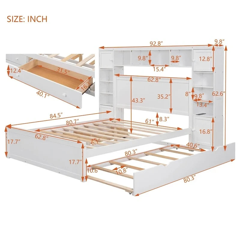 Queen Size Platform Bed with Storage Drawers, Headboard Shelves, and Built-In Outlets
