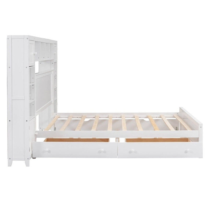 Queen Size Platform Bed with Storage Drawers, Headboard Shelves, and Built-In Outlets