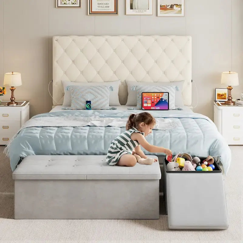 Upholstered Platform Bed Frame with High Headboard and USB Ports