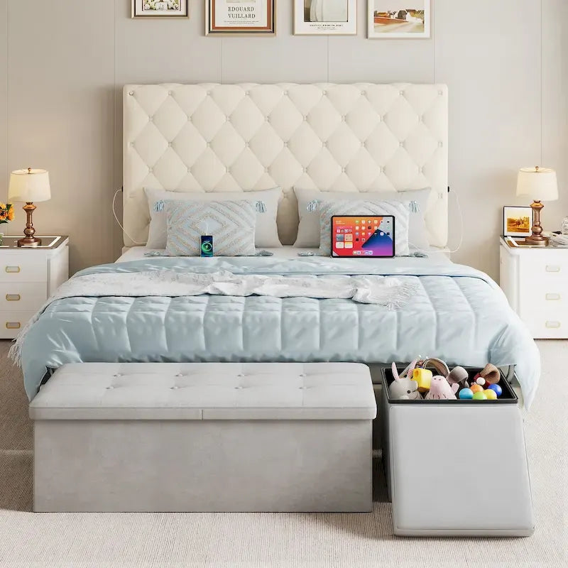 Upholstered Platform Bed Frame with High Headboard and USB Ports