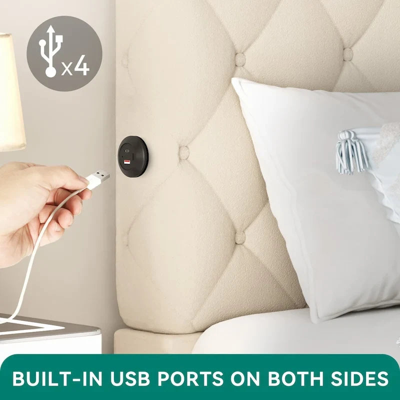 Upholstered Platform Bed Frame with High Headboard and USB Ports