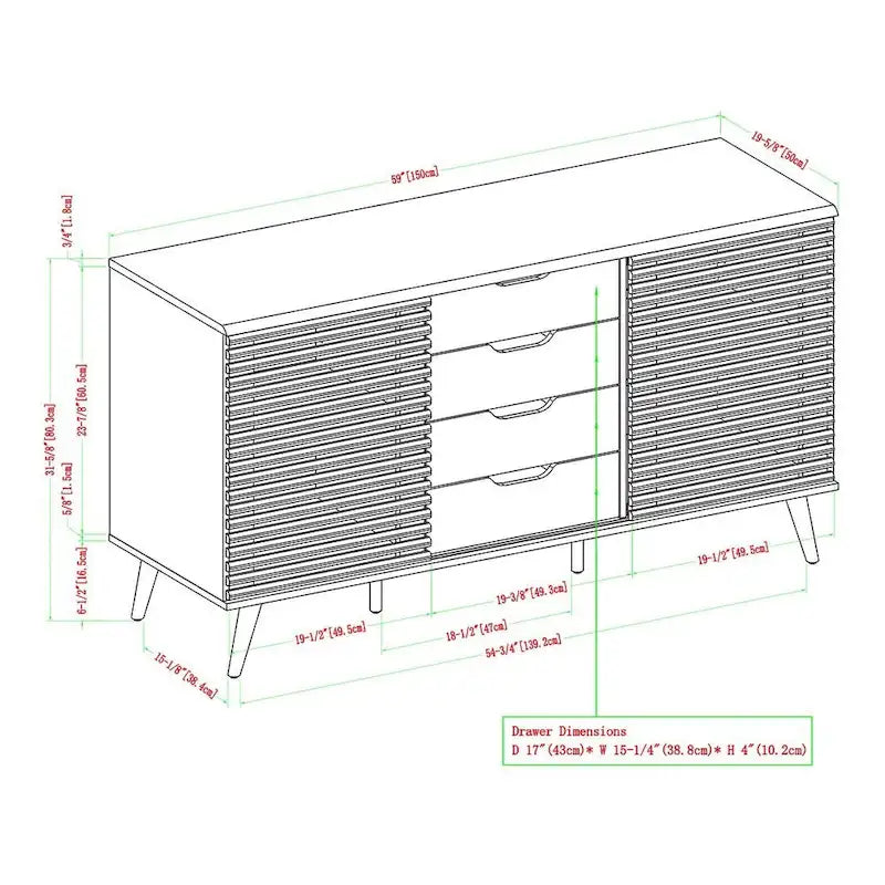 59-Inch Sideboard with 4 Drawers and 2 Sliding Slat Doors