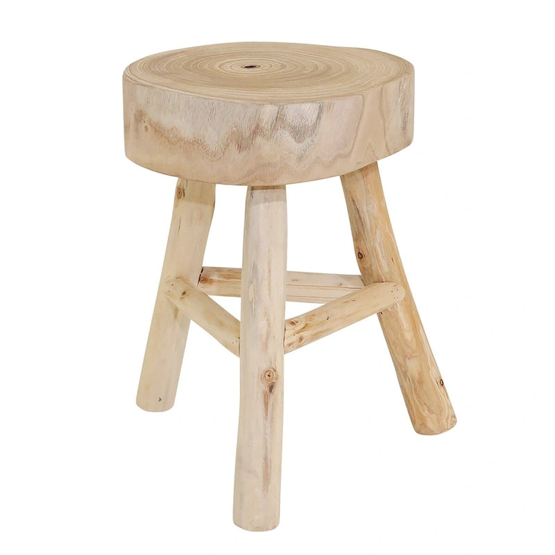 Wooden Stool with Live-Edge Round Top and Triangle Footrest, 11x11x16 In, Natural Finish