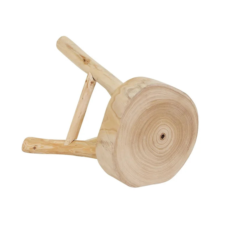 Wooden Stool with Live-Edge Round Top and Triangle Footrest, 11x11x16 In, Natural Finish