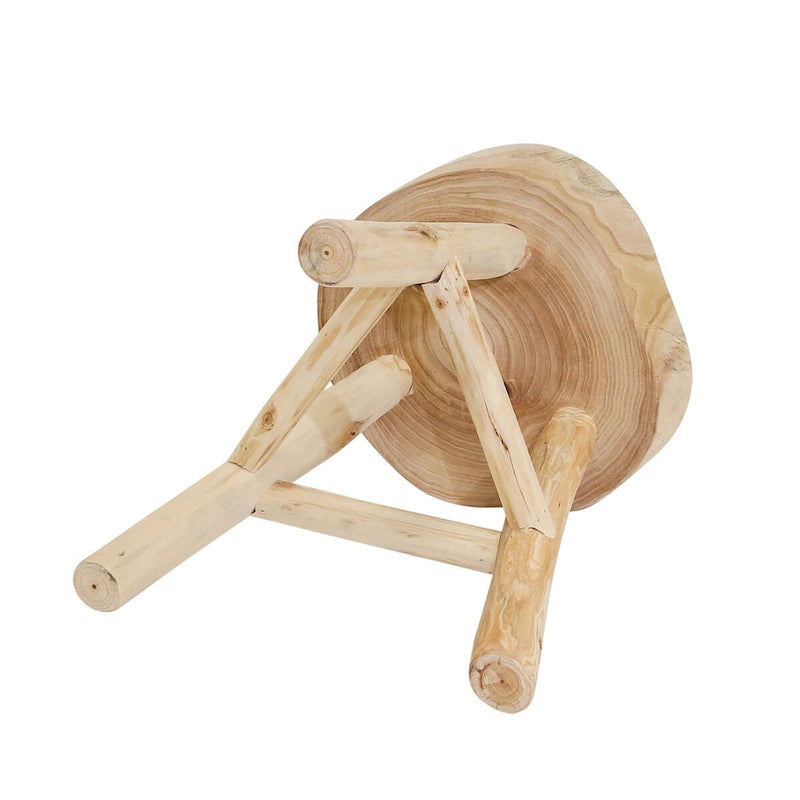 Wooden Stool with Live-Edge Round Top and Triangle Footrest, 11x11x16 In, Natural Finish