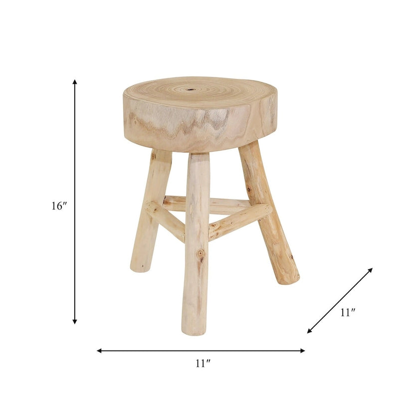 Wooden Stool with Live-Edge Round Top and Triangle Footrest, 11x11x16 In, Natural Finish