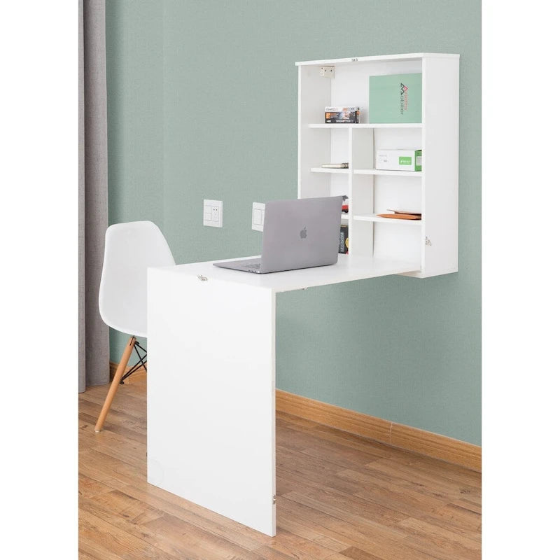 Wall-Mounted Folding Desk with Storage Shelves