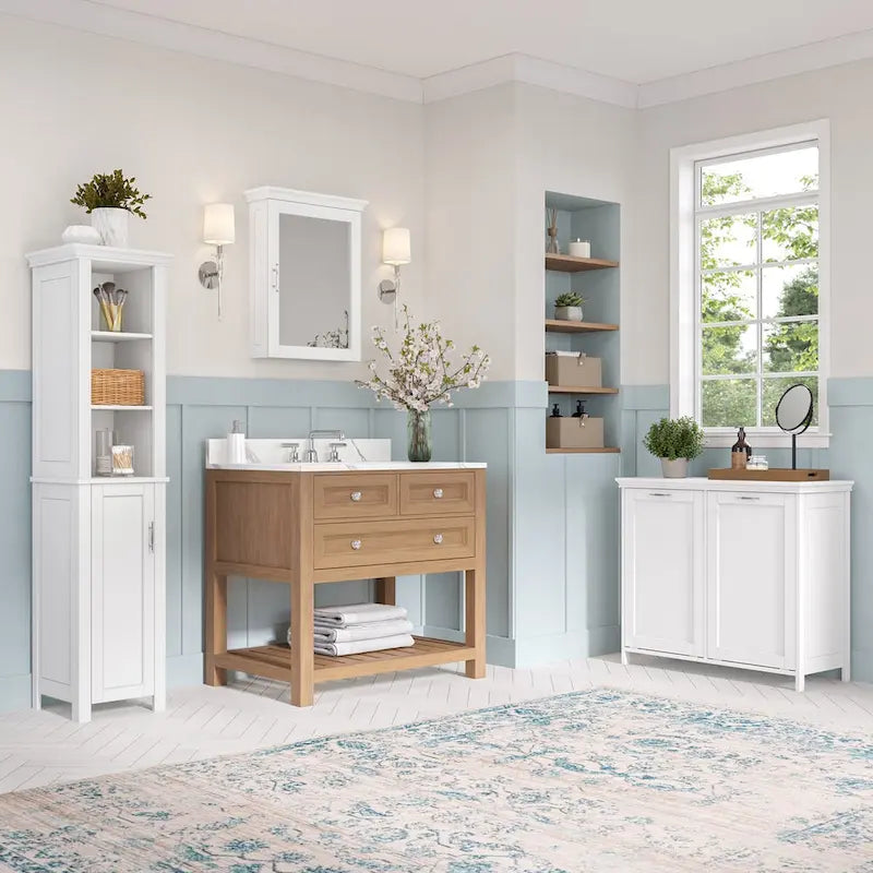 Tall Bathroom Storage Cabinet with Open and Enclosed Shelves - White