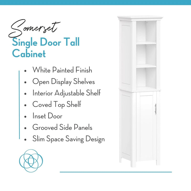 Tall Bathroom Storage Cabinet with Open and Enclosed Shelves - White