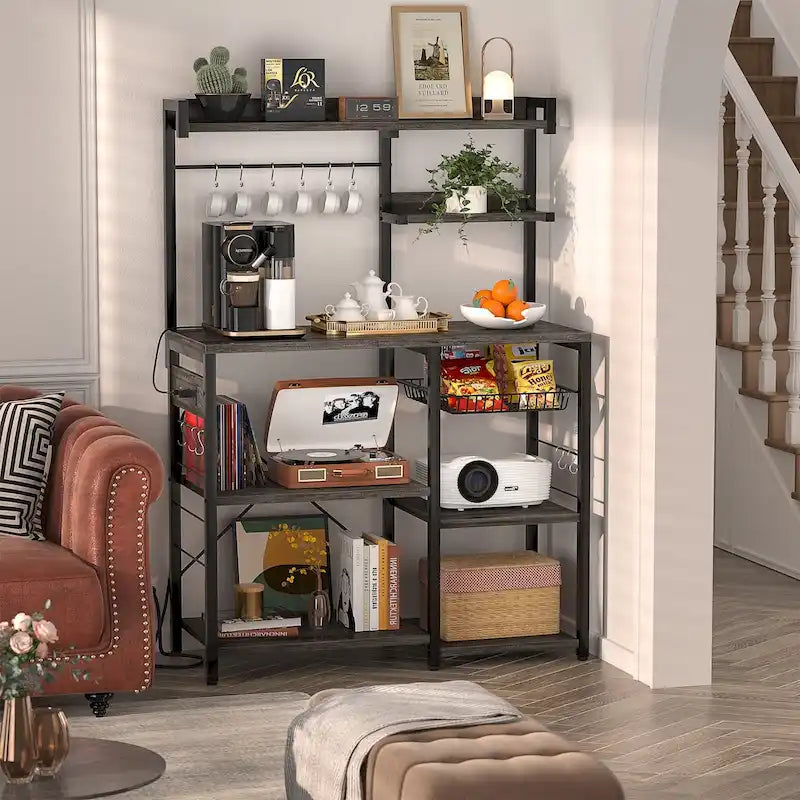 Kitchen Baker's Rack with Power Outlet, LED Light, and Storage Shelves