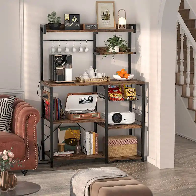 Kitchen Baker's Rack with Power Outlet, LED Light, and Storage Shelves
